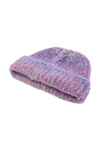 Neulottu pipo purppuran ja vaaleanpunaisen sävyissä, jossa on teksturoitu kuvio, käännettävä kantti ja pieni metallilogo. Pehmeä ja mukava materiaali.