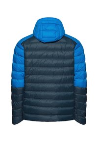 Giacca imbottita con cappuccio, realizzata in un materiale lucido blu e blu navy, con una texture trapuntata e un design a blocchi di colore contrastanti.