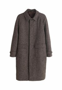 Pruun villane pikk mantel, millel on lõikekaelus, varjatud nööpide kinnitamine, kaks suurt esist pocket ja nööpidega mansetid.