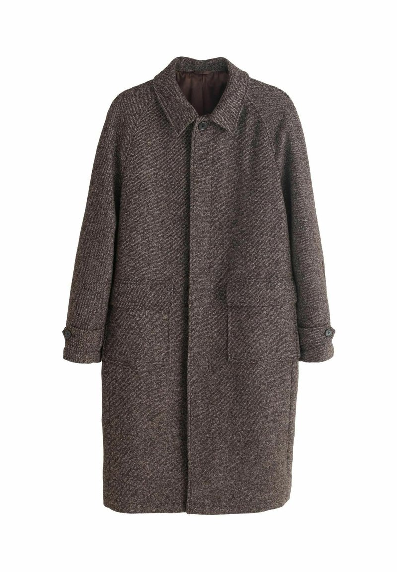 Pruun villane pikk mantel, millel on lõikekaelus, varjatud nööpide kinnitamine, kaks suurt esist pocket ja nööpidega mansetid.