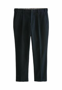 Dunkelblaue Hosen aus weichem Stoff, mit flachem Vorderteil, Falten und einem Bund mit Knopfverschluss. Gerade geschnitten und knöchellang.