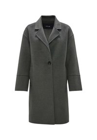 Manteau en laine gris foncé à un seul bouton, col à larges revers crantés et manches longues, longueur mi-cuisse et coupe droite.