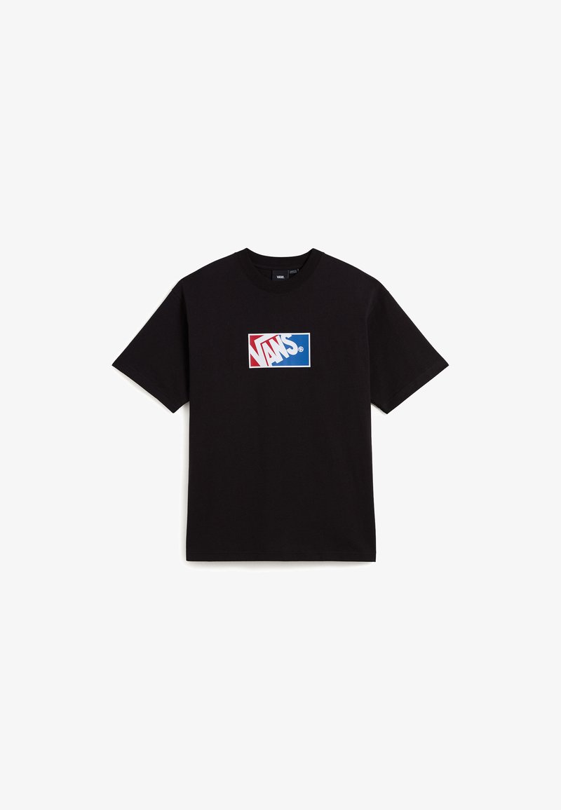 Sort bomulds t-shirt med et rektangulært Vans logo i rød og blå, centreret på brystet. Kortærmet og design med rund hals.