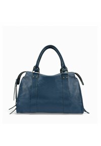 Sac à main en cuir bleu avec deux poignées, surface texturée, fermeture éclair latérale et accents à franges. Forme robuste, taille moyenne, ferrures minimales.
