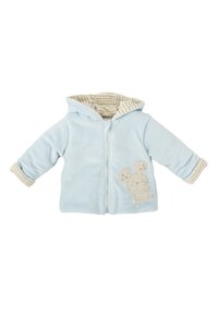 Chaqueta de forro polar azul claro con una capucha a rayas beige. Presenta un bordado de un ratón en el frente y puños acanalados. Cierre con cremallera.