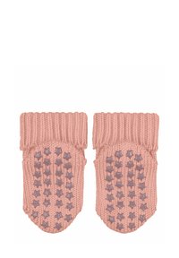 Moufles tricotées en rose pâle avec un poignet côtelé et un motif étoilé en caoutchouc antidérapant sur les paumes pour une meilleure prise.