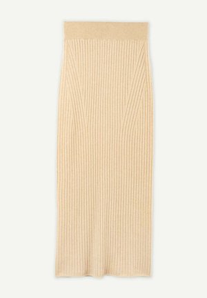Beige Strick-Midi-Rock mit vertikal gerippter Textur, am Saum leicht ausgestellt, ausgestattet mit einem breiten, elastischen Bund für zusätzlichen Komfort.