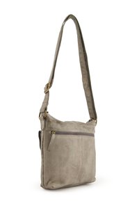 Grijze leren crossbody tas met een gestructureerde afwerking, verstelbare schouderband, ritszak aan de voorkant en zijaccenten. Compacter rechthoekige vorm.