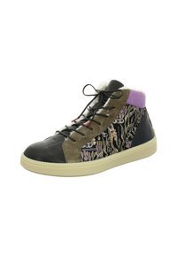 Hochschuh mit schwarzem Leder, olivgrünem Wildleder und einem dekorativen Blumenmuster. Cremefarbene Gummisohle mit weißem fellartigem Futter am Kragen.