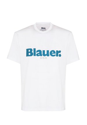 T-shirt bianco in cotone con un grande logo teal "Blauer." e un più piccolo "USA" sotto di esso. Collo a giroclassico e maniche corte.