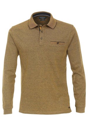 Langsleeve polo shirt in een warme bruine kleur, met een textuurstof, een kraag, drie knopen en een borstzak met een horizontaal lijnpatroon.