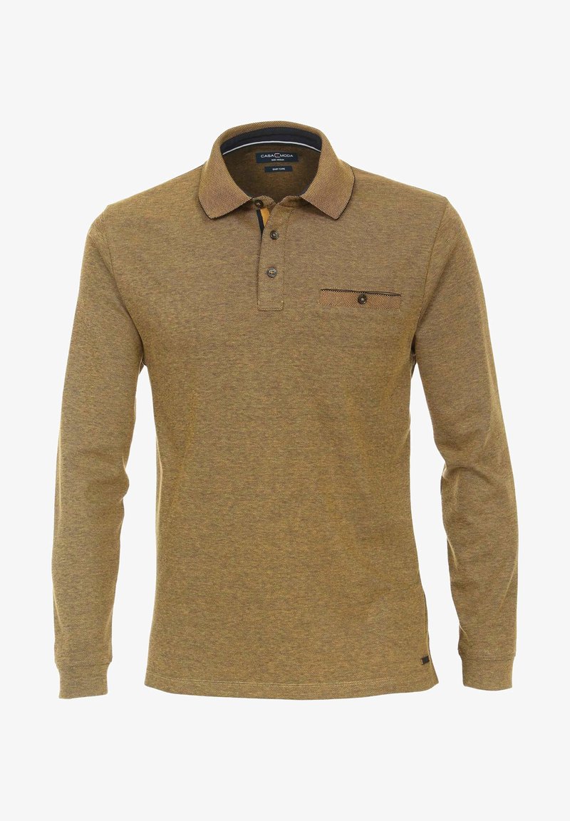 Langärmliges Poloshirt in einem warmen Braunton, mit strukturiertem Stoff, Kragen, drei Knöpfen und einer Brusttasche mit einem horizontalen Linienmuster.