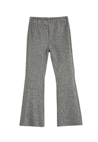 Pantalones acampanados grises, confeccionados con una tela suave y texturizada con un ligero brillo, que cuentan con una cinturilla elástica para mayor comodidad.