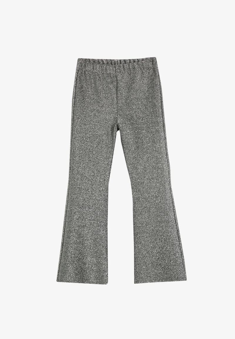 Grå flagrende bukser lavet af et blødt, struktureret stof med en subtil glans, der har elastisk talje for komfort.