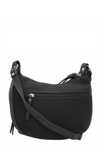 Borsa a spalla in pelle nera con superficie texturizzata, tasca anteriore con zip, tracolla regolabile e finiture in metallo argentato.