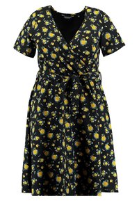 Black wrap dress with short sleeves, featuring a floral pattern of yellow roses and small blue flowers, with a tied waist detail.