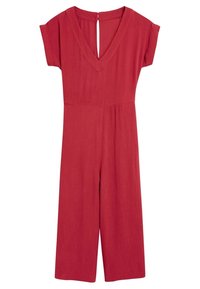 Rode jumpsuit met een V-hals, korte mouwen en een sleutelgat rug. Heeft een gestructureerde stof en een wijde broekspijp ontwerp.