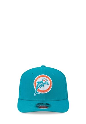 Teal snapback cap featuring a stylized dolphin logo inside an orange and white circular emblem on the front panel.