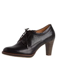 Černá kožená dámská oxfordka s texturovanými bočními panely, šněrováním vpředu a stohovaným středně vysokým dřevěným podpatkem.
