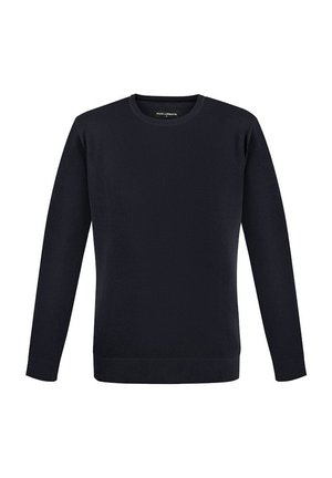 Granatowy sweter dzianinowy z okrągłym dekoltem, długimi rękawami, teksturowanym materiałem oraz ściągaczami przy mankietach i hemie. Prosty design bez wzorów czy ozdób.