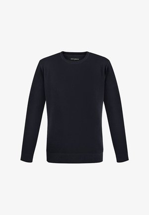 Granatowy sweter dzianinowy z okrągłym dekoltem, długimi rękawami, teksturowanym materiałem oraz ściągaczami przy mankietach i hemie. Prosty design bez wzorów czy ozdób.