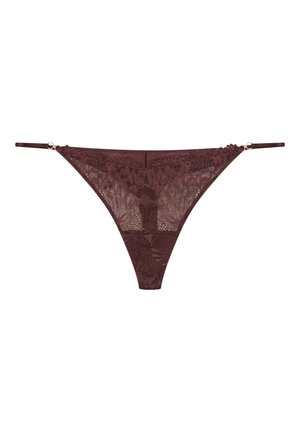 Burgundy lace thong with floral pattern, adjustable straps, and a smooth waistband. Features intricate details and soft texture.