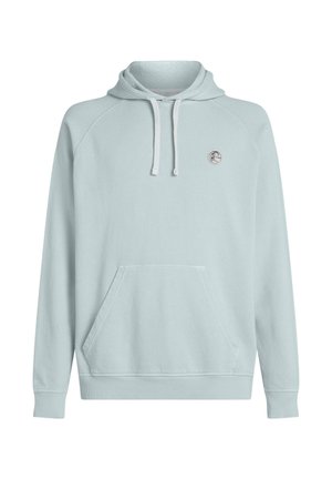 Jasnoniebieska bluza z kapturem, ściągaczami i przednią kieszenią typu kangur. Posiada małe, okrągłe logo na piersi. Gładka faktura.