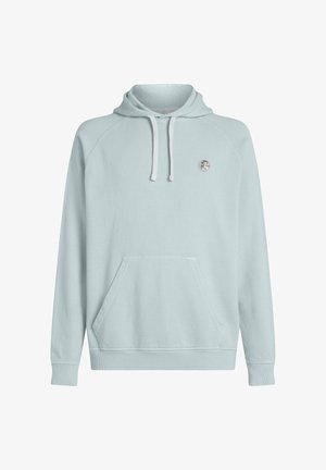 Jasnoniebieska bluza z kapturem, ściągaczami i przednią kieszenią typu kangur. Posiada małe, okrągłe logo na piersi. Gładka faktura.