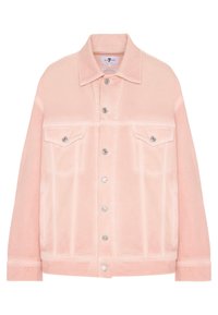 Giacca di jeans rosa con chiusura a bottoni, due tasche sul petto e dettagli in metallo argentato. Tessuto morbido e design del colletto classico.
