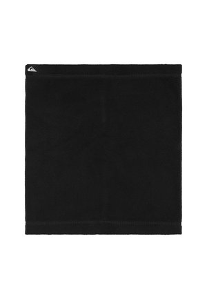 Black fleece neck gaiter featuring a stitched edge and a small logo tag on the top left corner. Soft texture and rectangular shape.