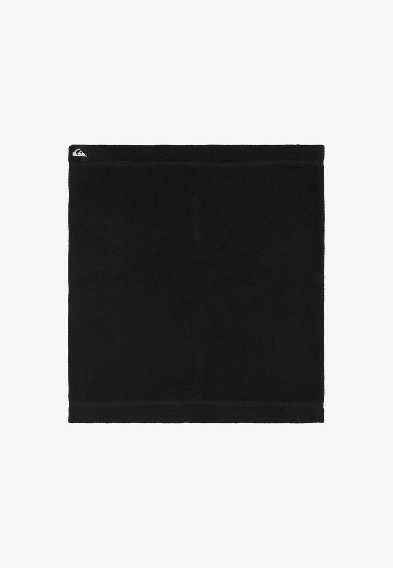 Sort fleece halsrør med en syet kant og et lille logo-tag i øverste venstre hjørne. Blød tekstur og rektangulær form.