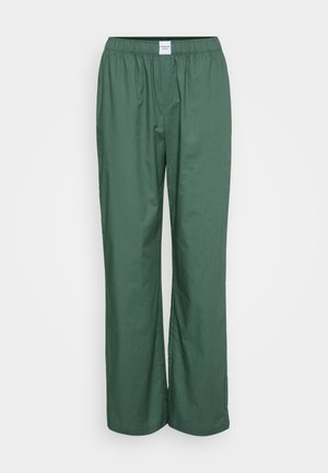 Green cotton pants with an elastic waistband, a straight leg design, and a smooth texture. No visible pockets or embellishments.
