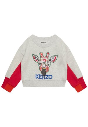 Jasnoszara i czerwona dziecięca bluza z kolorową, haftowaną twarzą żyrafy oraz niebieskim napisem "KENZO" z przodu.