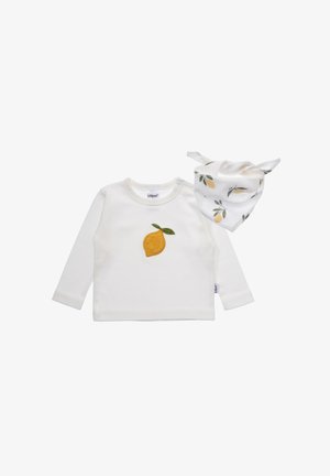 White long-sleeve shirt with a yellow lemon appliqué and green leaf. Accompanied by a coordinating bandana with a lemon and leaf pattern.