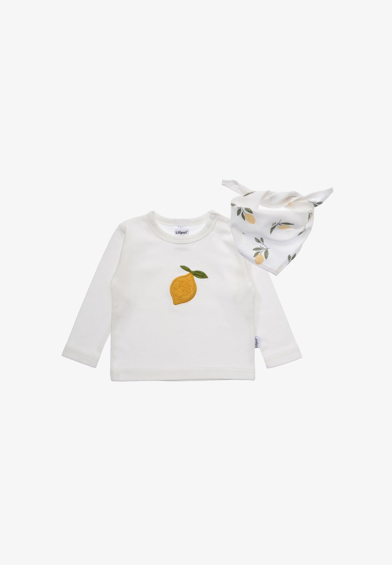 Weißes Langarmshirt mit einem gelben Zitronen-Applikation und grünem Blatt. Begleitet von einem passenden Bandana mit Zitronen- und Blättermuster.