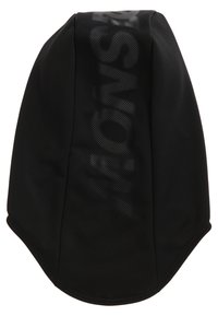 Zwarte zachte stoffen zwemcap met het woord "AWESOME" verticaal gedrukt in een subtiel stippenpatroon.