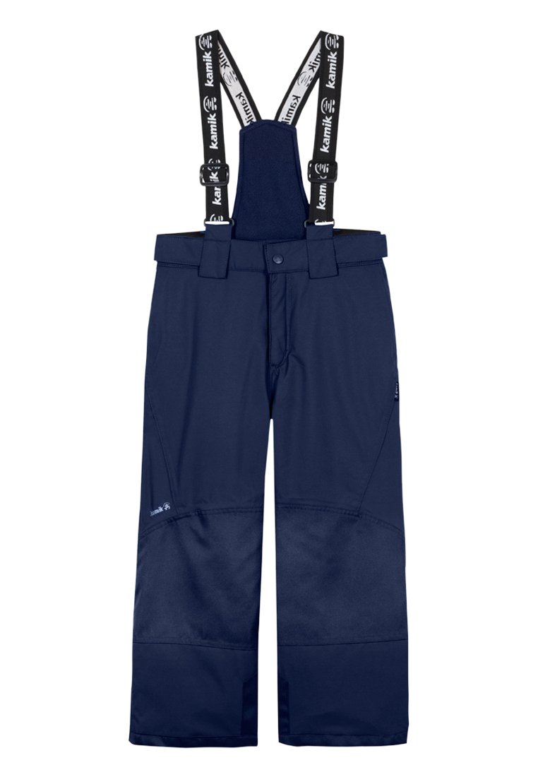 Marineblauwe skibroek met verstelbare zwarte bretels en een wit logo. Gemaakt van glanzend, duurzaam materiaal met een ontspannen pasvorm en versterkte knieën.