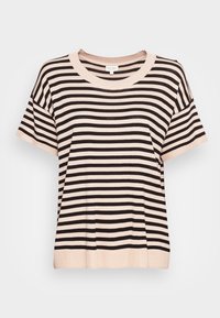 Korte mouwen gebreid top met zwarte en lichtroze horizontale strepen en een ronde halslijn.