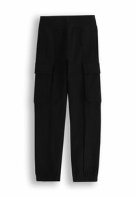 Czarne spodnie cargo z elastycznym paskiem w talii, z dwiema bocznymi kieszeniami oraz zwężającym się krojem nogawki. Wykonane z miękkiego, trwałego materiału.