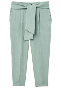 Pantalons vert clair, amples, avec une large ceinture et un détail à nouer. Ils comportent deux poches latérales et un tissu texturé et doux.