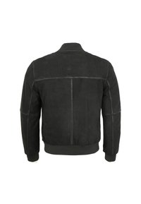 Schwarze Wildleder-Bomberjacke mit gerippten Bündchen und Saum, mit Kontrastnähten und einer glatten Textur. Die Rückansicht zeigt ein klares Design.