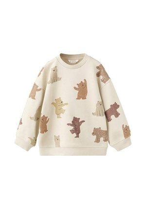 Bluză sport crem cu model jucăuș de urs în nuanțe de maro și bej. Prezintă un guler striat și mâneci lungi.