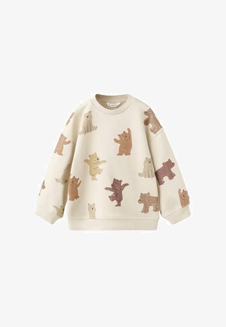 Bluză sport crem cu model jucăuș de urs în nuanțe de maro și bej. Prezintă un guler striat și mâneci lungi.