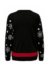 Pull noir avec motifs de flocons de neige blancs et de points sur les manches, et une bande horizontale rouge près de l'ourlet, vu de dos.