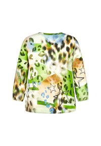 Langarmhemd mit abstraktem Muster in grünen, blauen, braunen und schwarzen Punkten sowie Sternumrissen, von hinten vor weißem Hintergrund präsentiert.