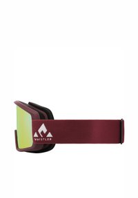 Bordeaux kleurige skibril met een groene reflecterende lens, gevoerde zwarte binnenvoering, en een gestreepte verstelbare band met een wit logo.