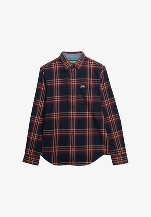 Camicia a maniche lunghe con bottoni, in fantasia scozzese rossa, blu navy e bianca, con piccola tasca sul petto e patch con logo.