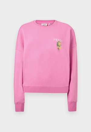 Pink cropped sweatshirt, made of soft fabric, featuring a crew neck, ribbed cuffs, and embroidered "FRESH" with a leaf design.