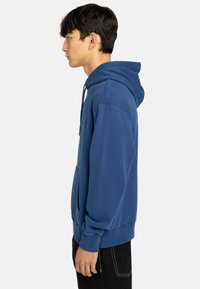 Blue hooded sweatshirt with a relaxed fit, featuring a kangaroo pocket, ribbed cuffs, and adjustable drawstrings. Cotton blend fabric.