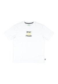 White cotton t-shirt with short sleeves, round neck, and front graphic text in black and yellow. Tag on the left side seam.